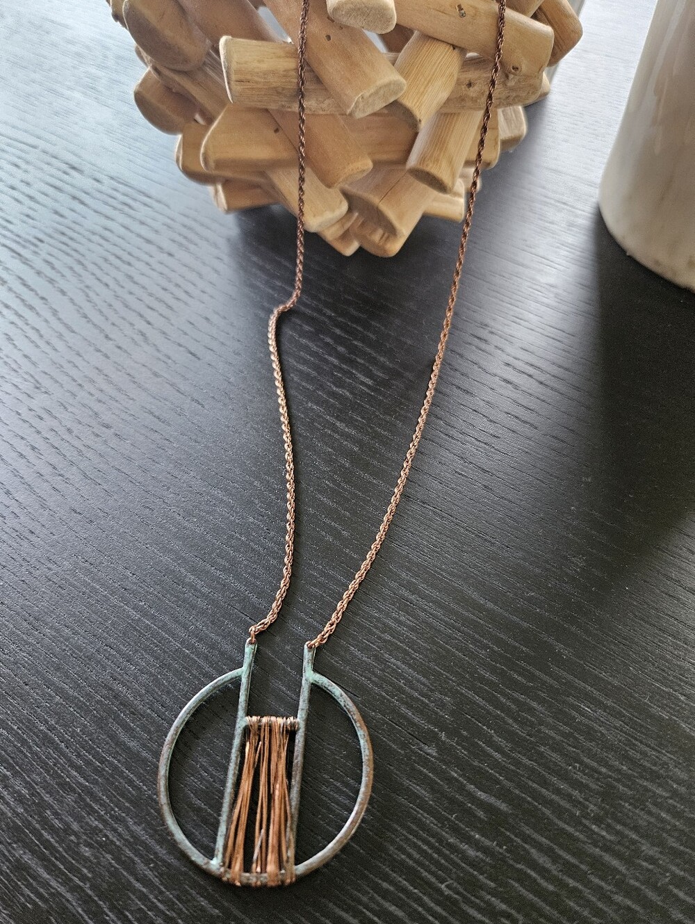 Copper Color and Patina Circle Pendant Necklace - Women Jewelry
